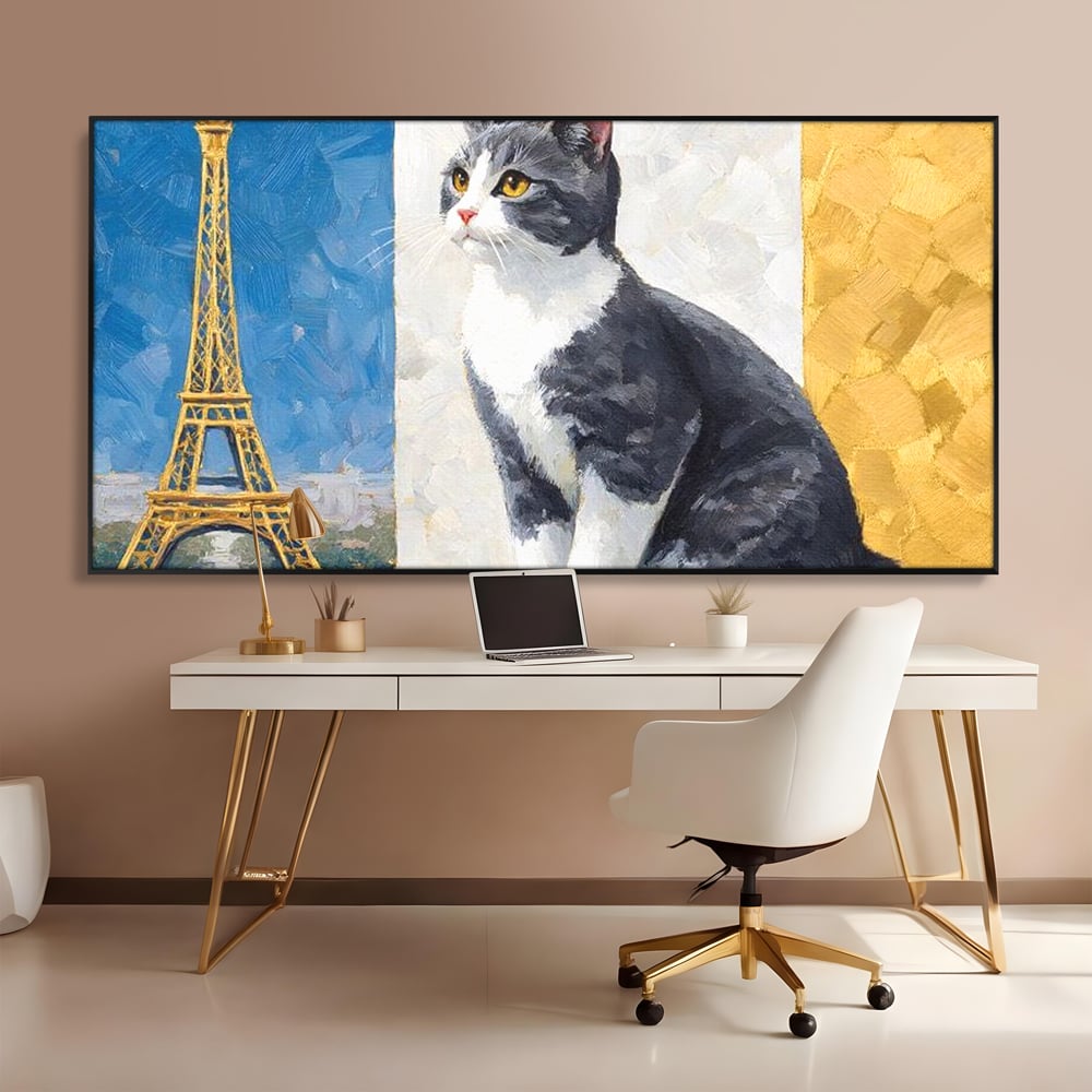 Tablou canvas cu tablou canvas cu pisica si turnul eiffel, in rama de aluminiu negru, pe perete intr-un birou